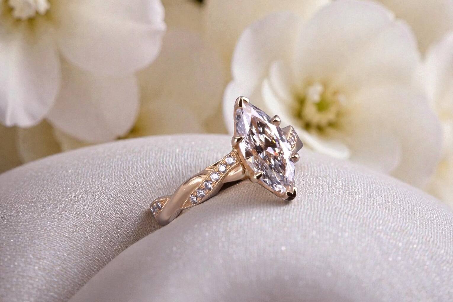 Custom marquise diamond ring for couples in Rancho Santa Fe