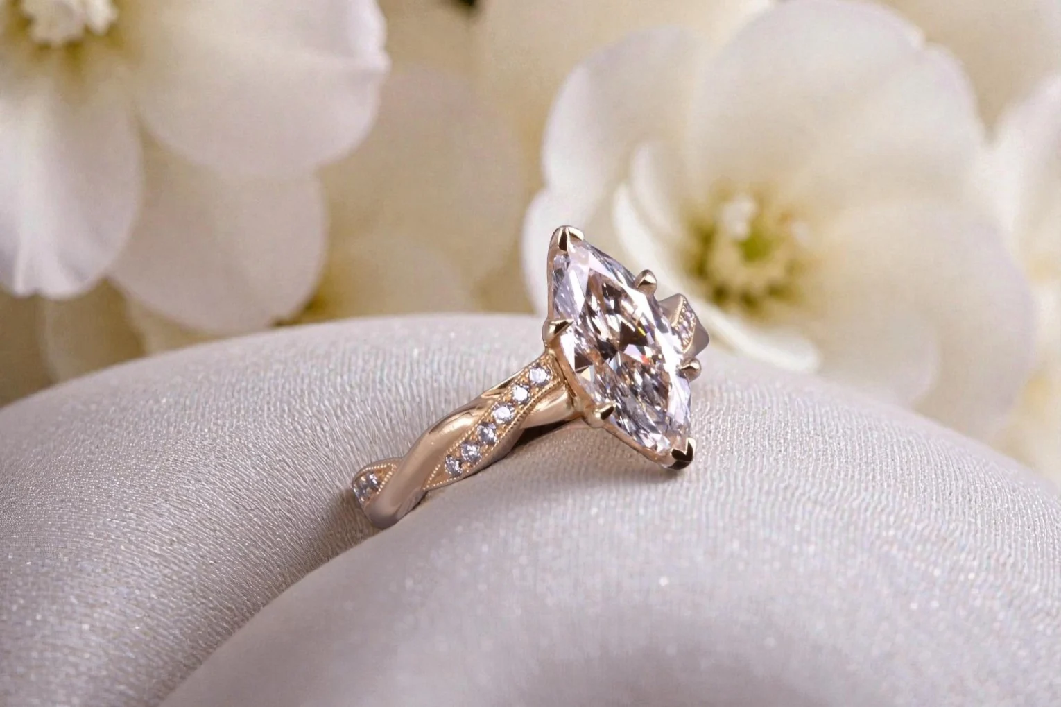 Custom marquise diamond ring for couples in Rancho Santa Fe